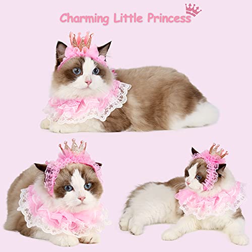 Legendog Cat Bandana for Cats, Princess Cat Costumes for Cats, Cute Lace Dog Bandanas and Cat Crown Accessories for Cats Small Dogs, Pink Outfit for Birthday Party (B-Pink)