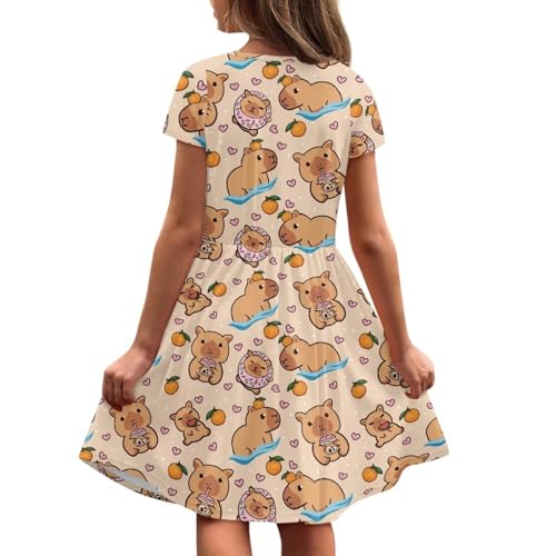 Image of Girls Dress with Pockets Basic Short Sleeve High Waist Swing Skater Dress School Party Dress for Kids