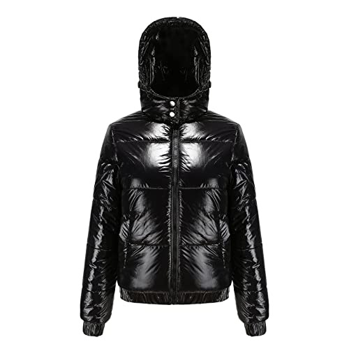 Women's Thickened Winter Bubble Down Coat Shiny Puffer Jacket with Fur Hood Warm Long Sleeve Jacket Slim Parkas Leather Coats