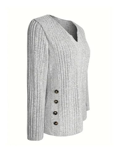 Image of Flamingals Women's Sweaters V Neck Casual Long Sleeve Lightweight Pullover Tops Light Gray XL
