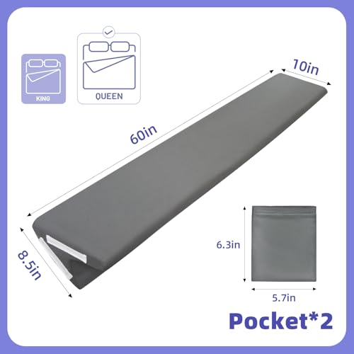 Image of Vekkia Queen Bed Wedge Pillow for Headboard Gap, Mattress Gap Filler Pillow to Cover 0-6 inch Gap, Bed Wedge Gap Filler with High-Density Foam, Removable Washable Cover, Gray, 60 inchx10 inchx8.5 inch