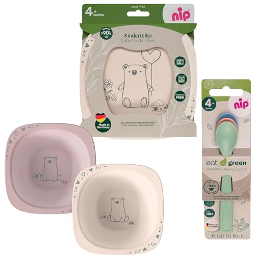 NIP Eat Green Geschirrset ab 4. Monat, 2 Teller, 2 Breischale, 3 Eat Green öko bio Babylöffel,Spülmaschinenfest,Mikrowellegeeignet, BPA frei, Melamin frei, PVC frei, Made in Germany,