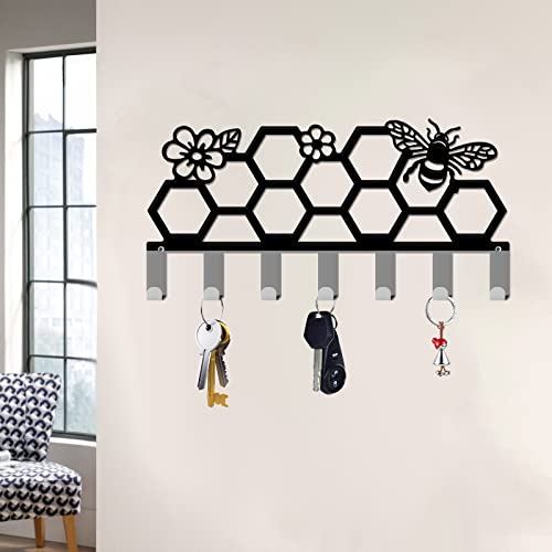 Porte-clés mural en métal noir INFUNLY avec 7 crochets et décor abeille - 6