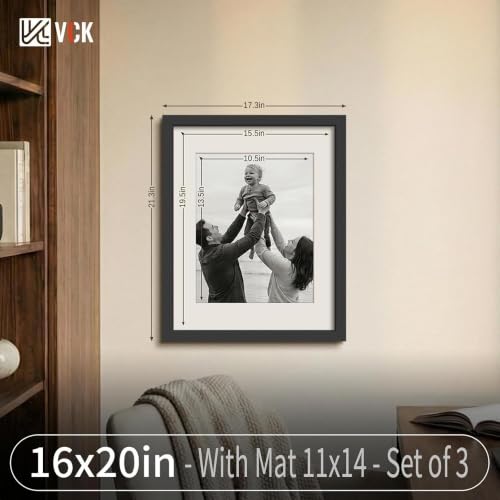 Image of VCK 16x20 Frames 3 Pack, Black Wood, 11x14 Mat, Glass, for Picture Poster
