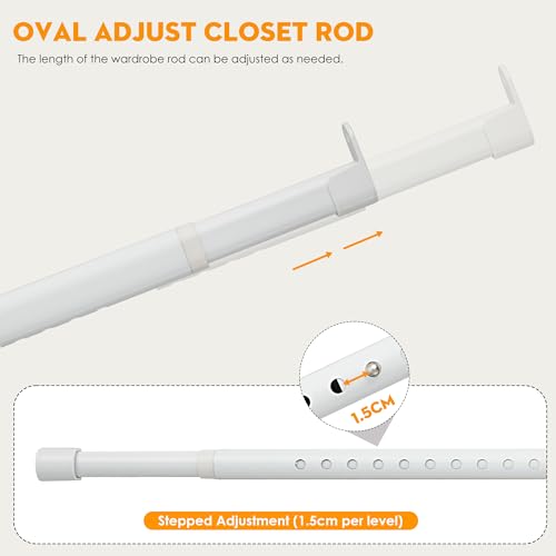 Clothes Rail Heavy Duty for Wardrobe White, 25 mm Wall-Mounted Oval Hanging Rail, Extendable Wardrobe Rail with 2 Brackets, 43-101 cm - Image 2