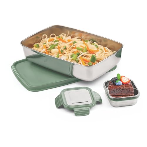 Image of SignoraWare Munch Mate Stainless Steel Lunch Box | Airtight & Leakproof | Durable & Compact | Easy to Carry | Ideal Tiffin for Office, School & Travel (550ml + 130ml | Egreen)
