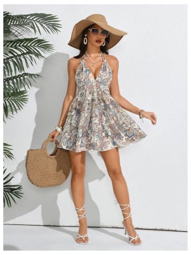 Image of SOLY HUX Women's Summer Boho Paisley Print Tie Back Halter Mini Dresses | Deep V Neck, Sleeveless, Sundress, Backless Dress, Vacation