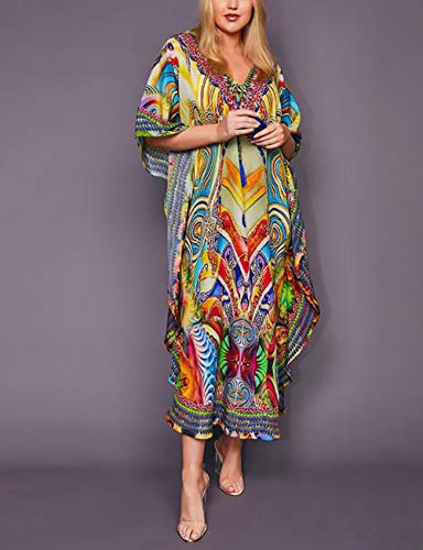 Bsubseach Vestido feminino longo saída de praia com estampa turca Kaftan, Ethnic Print 1, tamanho �n