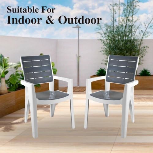 Image of ITALICA Designer Series Comfortable Plastic Arm Chair /Double Insert Stackable Chair for Home, Office /Plastic Chair /Sturdy & Durable Chair /Indoor and Outdoor (White and Grey, Set 1)