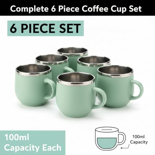 Image of Premium Stainless Steel Cappuccino Cups Set of 6 | 100ml Double Wall Insulated Coffee Mugs | Reusable Espresso & Cappuccino Cups | Stylish Gift Set for Home & Office (Green)