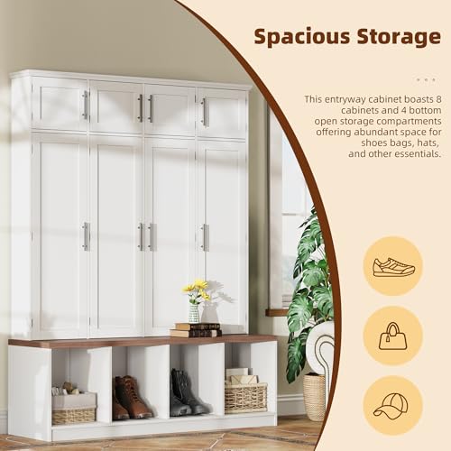 Image of Hall Tree with Entryway Bench and Shoe Storage Compartments, Particle Board Multi-Functional Cabinet with 4 Hanging Hooks, White