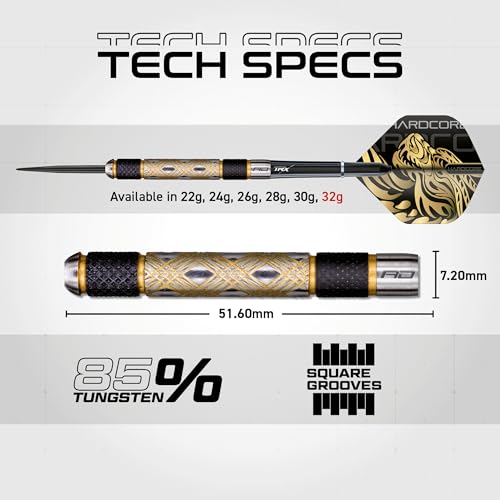 RED DRAGON Darts – Golden Eyes – 32g Professional 85% Tungsten Darts Set with Dart Flights and Dart Shafts (Stems)