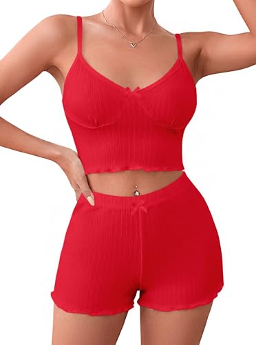 Image of Hilinker Women's 2 Piece Sexy Pajama Set Ribbed Cami Top and Shorts Sleepwear Cute Pjs Solid Red X-Large