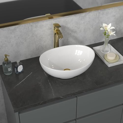 Sarlai Countertop Bathroom Sink - Oval White Porcelain Ceramic Vessel Sink Above Counter Wash Basin 400x330x145 mm