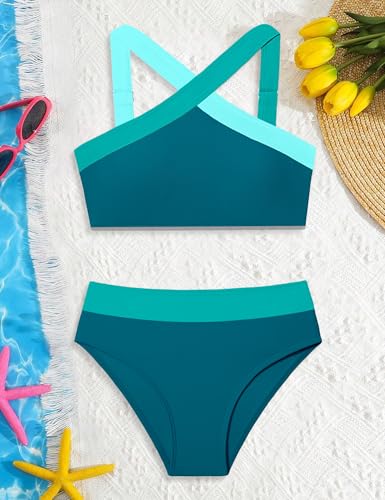 Image of Girls Swimsuits 2 Piece Bikinis Set Colorblock Bathing Suits Criss Cross Strap Girls' Swimwear