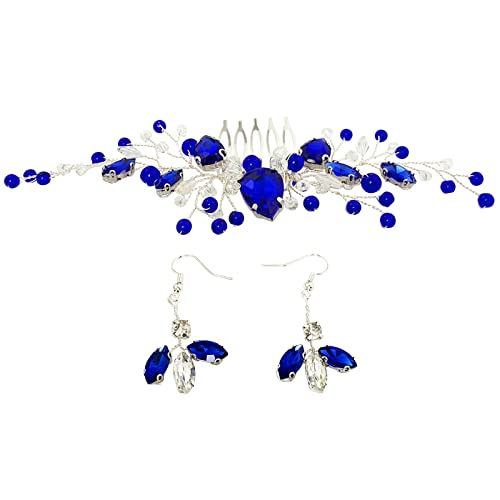 Bridal Crystal Hair Comb And Earrings Set Elegant Bride Wedding Hair Piece Accessories For Women Prom Party Photography (Royal Blue) #TOP3