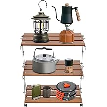 Camping Rack, 3-Tier Camping Folding Storage Rack Organizer with Carry Bag, Retro Rectangular Camping Dish Rack Shelf for Barbecues Camping Hiking Parties Walnut Load 10kg/22.05lbs