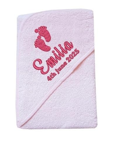 Personalised Name Baby Hooded Bath Towel Shower Announcement White Blue Pink 70x70cm. (Pink)