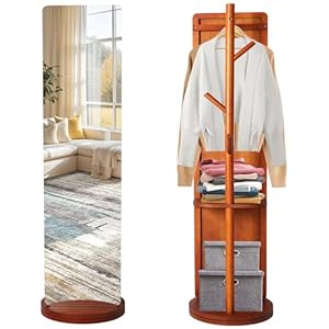 Ganzkörperspiegel | Standspiegel mit 360° Drehbar und Garderobenständer | Stehspiegel 164*35cm aus Massivholzrahmen Hartglas | Spiegel Ganzkörper für Schlafzimmer Wohnzimmer Garderobe (Walnuss)