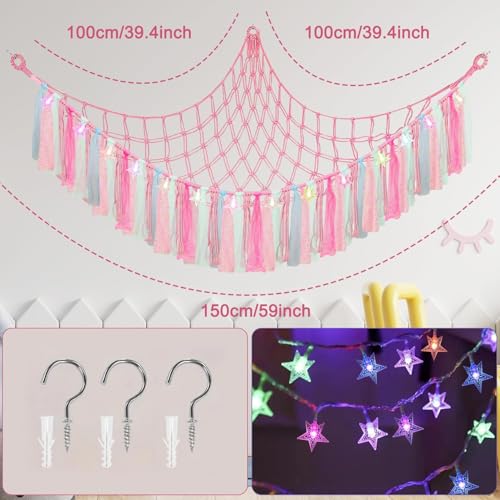 Lunriwis Kuscheltier Aufbewahrung Netz mit LED-Leuchten, Boho Makramee Spielzeug kinderzimmer deko, StofftieStofftier Aufbewahrungstasche Hängematte Aufbewahrung Kuscheltiere Rosa
