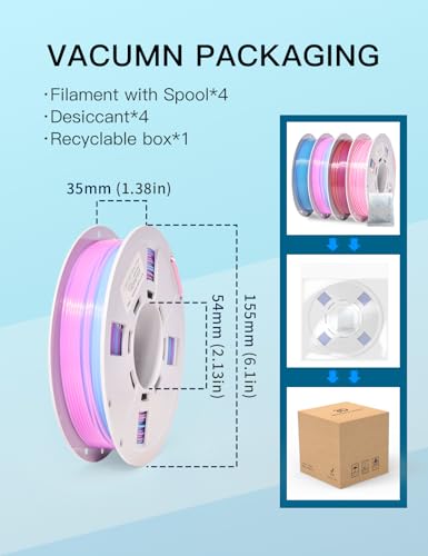 Image of PINBALL Silk Rainbow & Crystal Rainbow PLA Filament 1.75mm, 3D Printer Filament Fast Color Change, Fit Most FDM Printers, 250g Spool, 4 Rolls