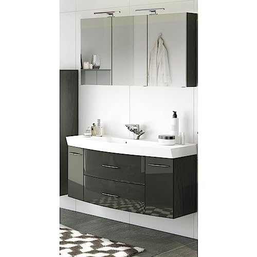 Lomadox Badezimmer Waschtisch Spiegelschrank Set in Hochglanz grau 120cm Waschtisch & Unterschrank Waschbecken 3D Spiegelschrank & LED-Leuchten Steckdose