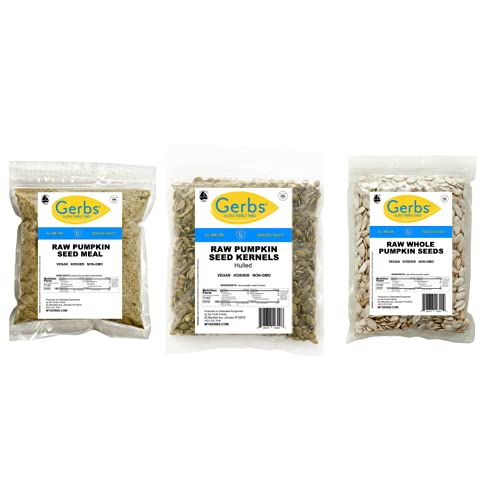 Gerbs Raw Pumpkin Sampler Bundle, 3 Total Pounds (Raw Pumpkin Meal, Raw Pumpkin Kernels & Raw Whole Pumpkin Seeds) Top 14 Food Allergen Free, Non Gmo, Kosher, Made In Rhode Island #TOP14