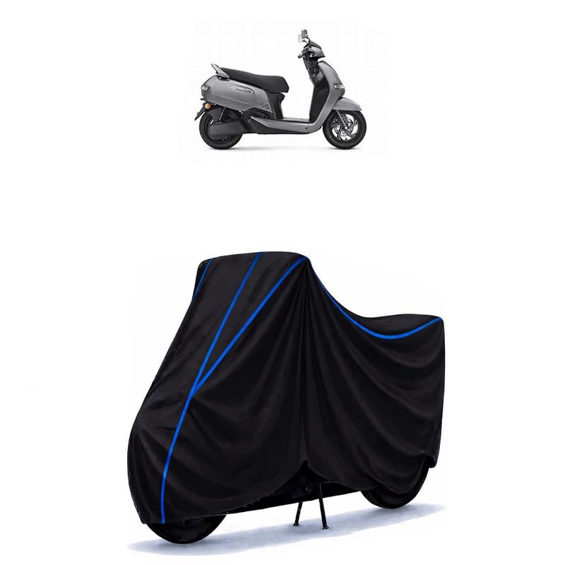 Image of Scooty Cover Water Resistant for iQube | Universal Scooter & Bike Cover | Heavy Duty UV Protection | Dust, Rain & Scratch Protection | Elastic Fit All Weather Indoor Outdoor | Black with Blue Piping