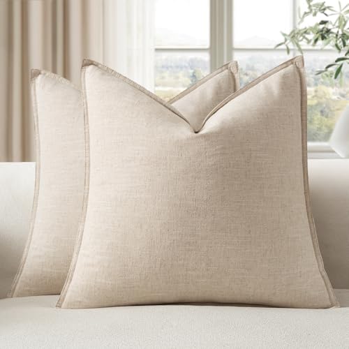 EMEMA Decorative Linen Throw Pillow Covers 22x22 Inch Natural Beige Boho Farmhouse Neutral Couch Throw Pillows for Bed Pack of 2 Accent Pillowcase Modern Sofa Cushion Livingroom Home