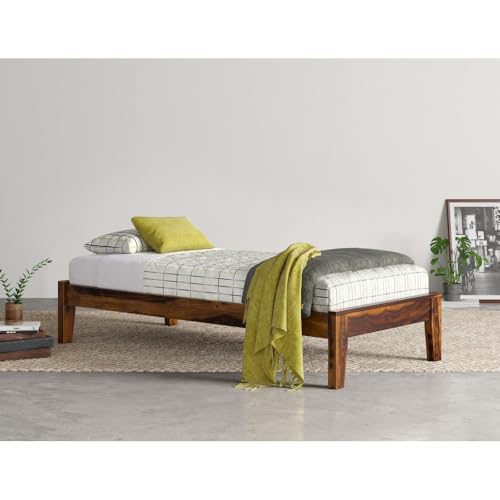 Image of SUNCOM Sheesham Wood Bed Without Storage Solid Wooden Single Size Cot Bed for Bedroom Living Room Home Furniture (Natural Finish) Size 6.54