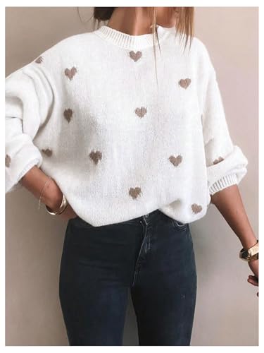Verdusa Women's Heart Print Crew Neck Sweater Tops Long Sleeve Loose Holiday Knit Pullovers3