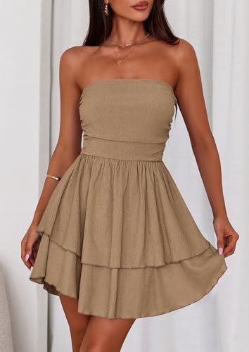 Image of PRETTYGARDEN Women's 2026 Summer Strapless Tube Mini Dress Off Shoulder Smocked Ruffle A Line Flowy Short Party Club Dresses