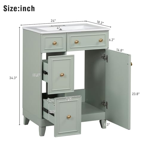Image of 24 Inch Bathroom Vanity with Ceramic Sink, Freestanding Vanity Cabinet with 2 Drawers and 1 Door (Green)