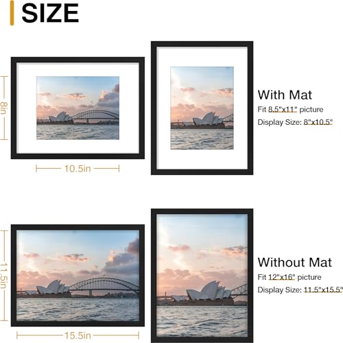 decorUhome 12x16 Picture Frame, Display 8.5x11 Certificate with Mat or 12x16 Poster without Mat, Wall Mounting Photo Frame, Black, 1 Pack