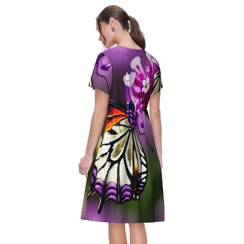 Robe d'été décontractée à manches courtes violet prune motif papillon - 5