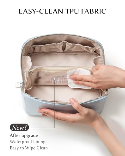 Image of EACHY Travel Makeup Bag, Large Capacity Cosmetic Bag for Women, Waterproof PU Leather, Flat Open Portable Toiletry Bag for Skincare, Brushes & Travel Essentials