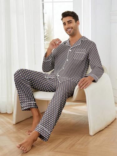 Mens Cotton Pajama Set, Long Sleeve Button Down Pajama Set for Men Plaid Men's Sleepwear2