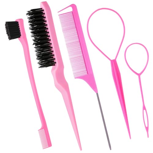 5Pcs Slick Back Brush Set with Topsy Tail Tool, Teasing Bristle, Rat...