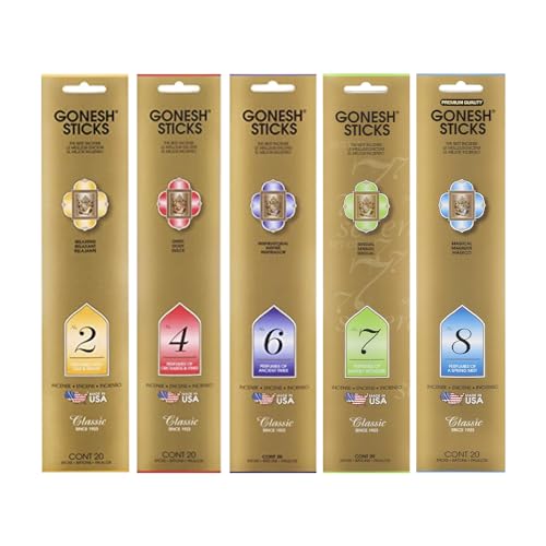 Gonesh - Classic Incense Sticks Variety Pack - Non-Toxic 10” Slow Burn Aromatic Sticks - No. 2, 4, 6, 7 and 8-5 Packs of 20
