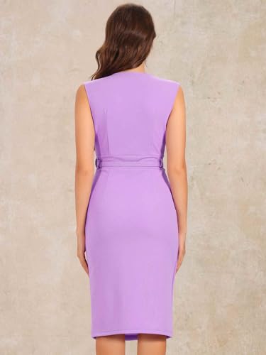 Image of Allegra K Business Dress for Women's Pencil Sheath Work Dress | V Neck Knee-Length Sleeveless Dress With Belted