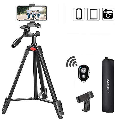 ZOMEi T90 Trípode para Teléfono Móvil, 135 cm Aluminio Trípode Ligero para Cámara, Trípode Ajustable con Obturador Remoto Bluetooth, Soporte de Teléfono móvil y Bolsa (Rojo)