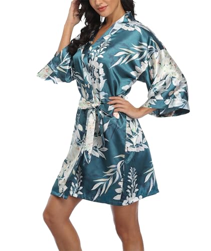 Image of Women's Short Satin Robes Lightweight Silky V-Neck Sleepwear Wedding Bridal Party Bride Bridesmaid Bathrobes