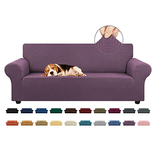 KEKUOU Stretch Sofa Cover Slipcover ,Couch Covers for 3 Cushion Couch Sofa pet Friendly (78"-94") Furniture Protector Sofa with Elastic Bottom for Kids,Dog, Jacquard Small Checked(Large,Dark Purple)