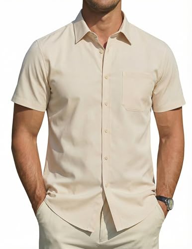 COOFANDY Herren Hemd Kurzarm Regular Fit Herrenhemd Polyester Formales Hochzeit Freizeit Businesshemd mit Tasche Hellbraune L