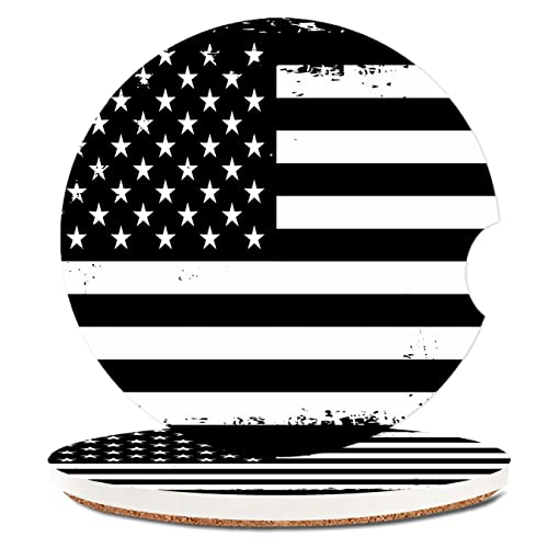 Absorbent Car Cupholder Coaster 2 Pack,Ceramic Stone Coaster with a Finger Notch for Women & Lady,Cork Base Drink Coasters 2.56 Inch,Cute Auto Accessories Gifts - American Flag USA Flag Black White