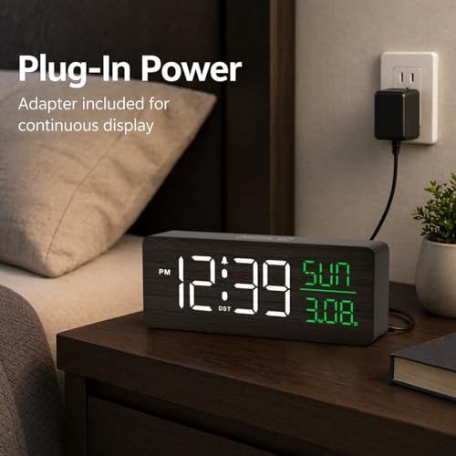 Image of Peakeep Wooden Digital Alarm Clock Large Display, Textured Decoration | for Bedroom Living Room Desk Table, Electric Plug-in Clock Battery Backup with Time Date Day, 5 Brightness, Auto DST