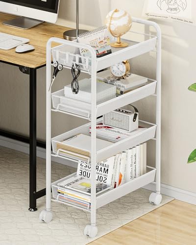 EKNITEY メタルラック キッチンワゴン メタル収納カート メッシュ キッチン カート 防錆 小物収納 サイドワゴン 4段 幅26.5×奥行45.5×高さ84.5cm ホワイト [5]