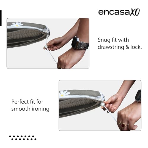 Image of Encasa XO Ironing Board Cover with 3mm Thick Felt Pad for Steam Press (Fits Standard X-Large Boards of 135x45 cm) Heat Reflective, Scorch & Stain Resistant, Printed - Daisy Grey