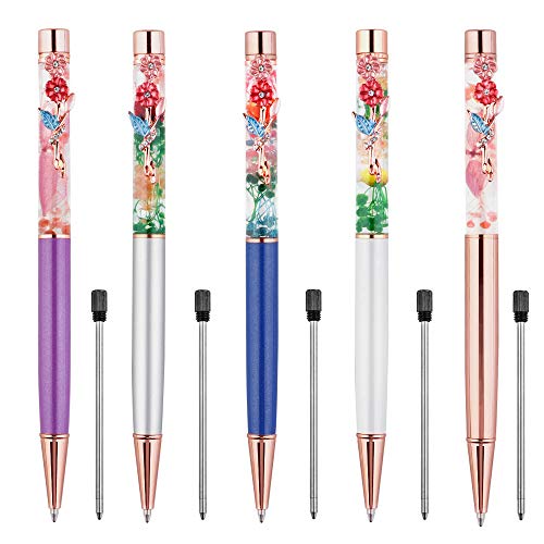 Ballpoint Pens,5 Pieces Dynamic Liquid Flower Pen Refillable Black Ink with Retro Floral Pen Clip for Desk Accessories