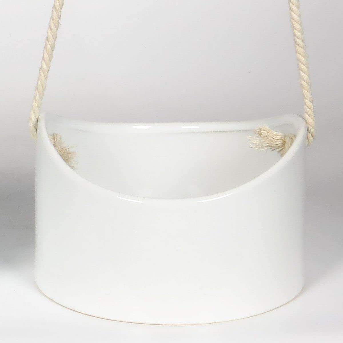 212 Main White Glazed Ceramic with Rope Hanger Hanging Planter